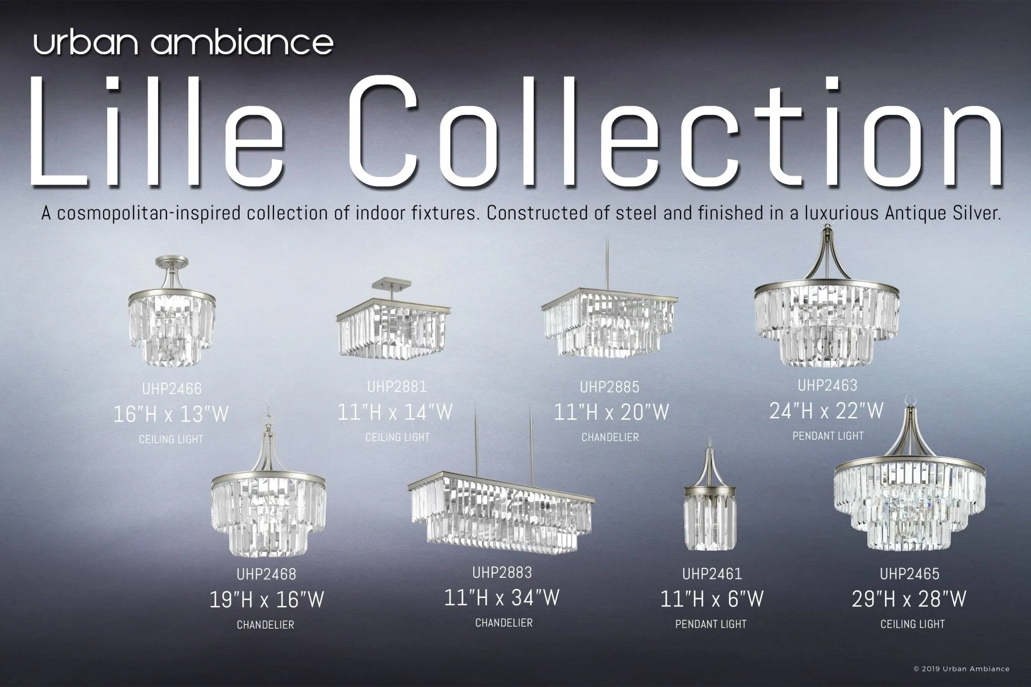 UHP2468 Cosmopolitan Chandelier, 19" x 16-1/4", Antique Silver Finish, Lille Collection