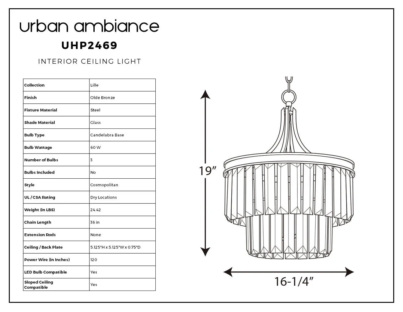 UHP2469 Cosmopolitan Chandelier, 19" x 16-1/4", Olde Bronze Finish, Lille Collection